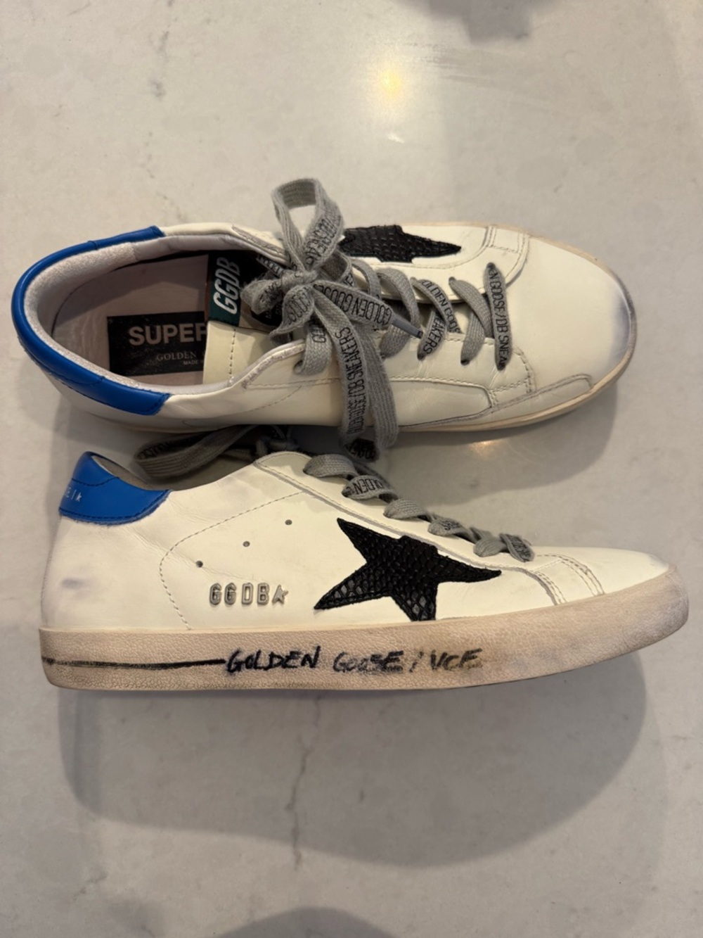 Golden Goose White Leather Sneakers with Blue Heel and Black Star